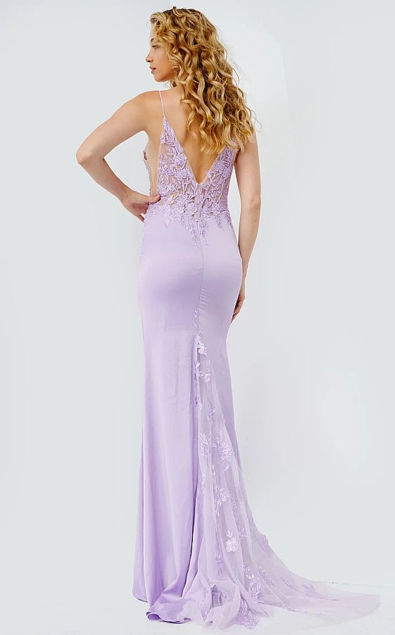 JVN by Jovani Prom Dress JVN23124 Lilac Embroidered Bodice Plunging Neck Prom Dress