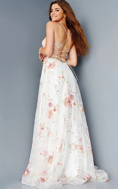 JVN23212 Off White Floral Embellished A Line Prom Dress NorasBridalBoutiqueNY