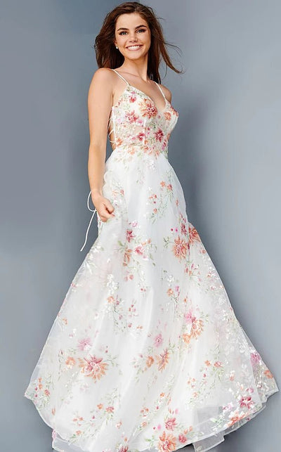 JVN23212 Off White Floral Embellished A Line Prom Dress NorasBridalBoutiqueNY