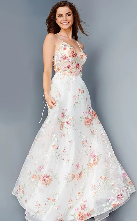 Jovani 38650 - Floral Print Ruffled A-line Gown – Couture Candy