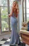 JVN by Jovani Prom Dress JVN23606 Blue Sequin Floral Appliques Bodice Prom Dress