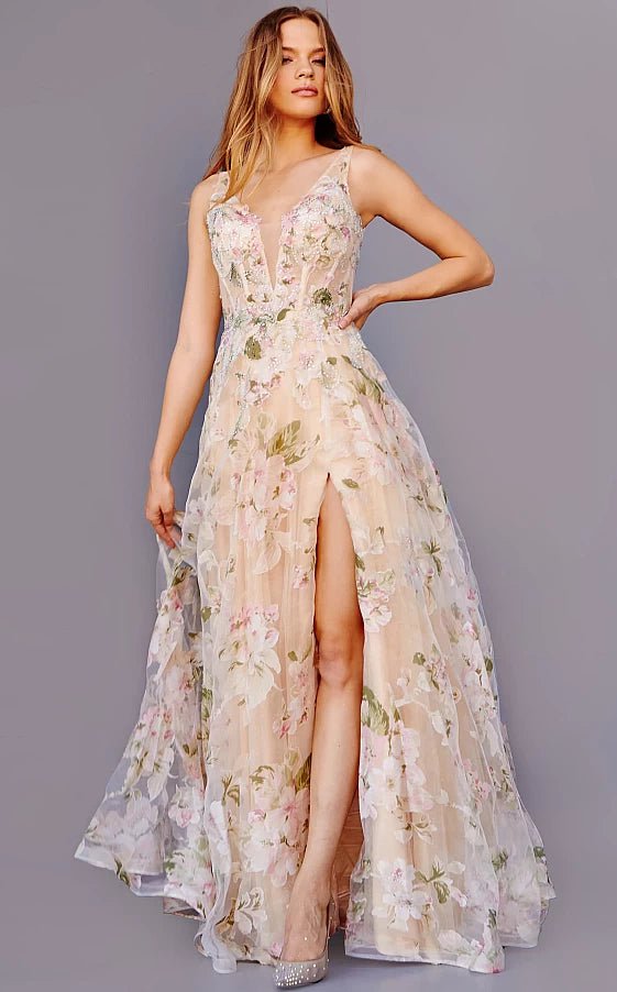 JVN by Jovani Prom Dress JVN23697 Floral Print Plunging Neck Maxi Prom Dress