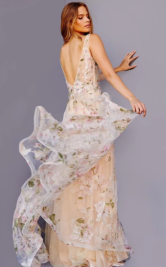 FunkyTradition Floral Peach Designer Wear Digital Floral Printed Gown