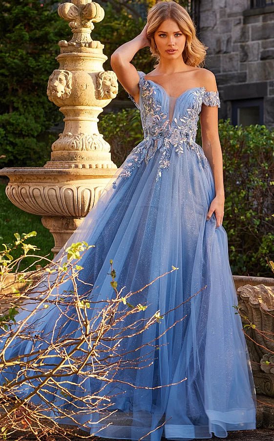 JVN by Jovani Prom Dress JVN23698 Sky Blue Floral Bodice Prom Ballgown
