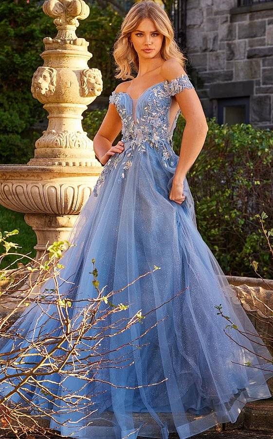 JVN by Jovani Prom Dress JVN23698 Sky Blue Floral Bodice Prom Ballgown