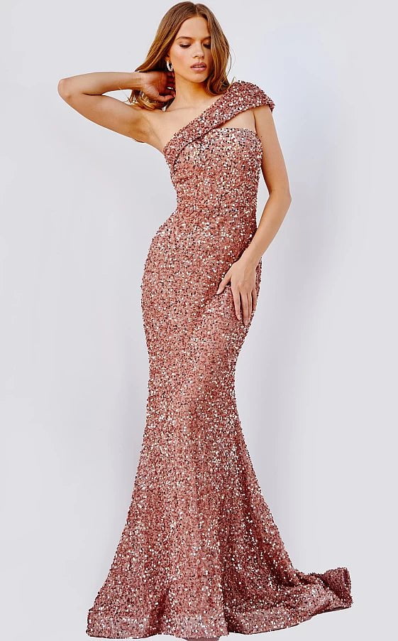 JVN by Jovani Prom Dress JVN23770 Copper One Shoulder Sequin Prom Dress