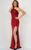 JVN by Jovani Prom Dress JVN23784 Burgundy One Shoulder High Slit Prom Dress