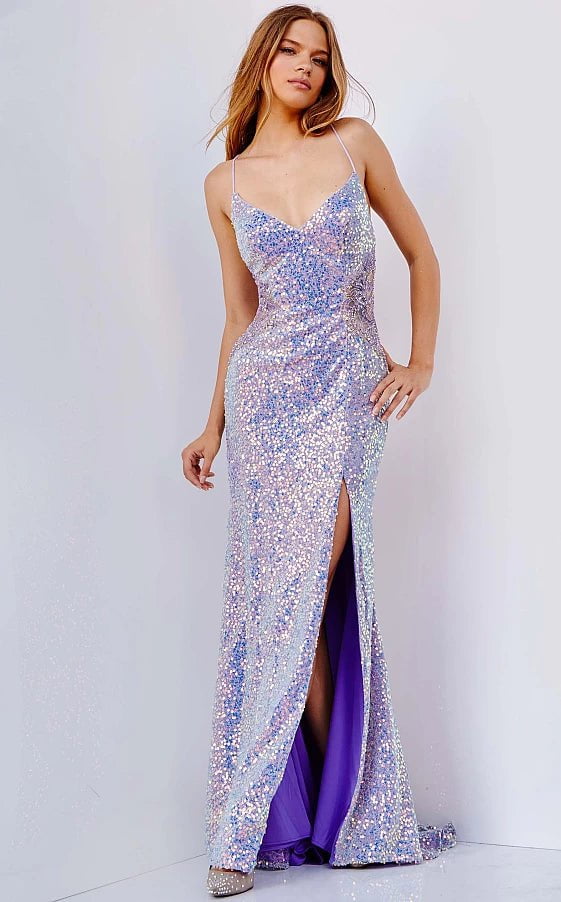 JVN by Jovani Prom Dress JVN24010 Lilac High Slit Embellished Prom Dress