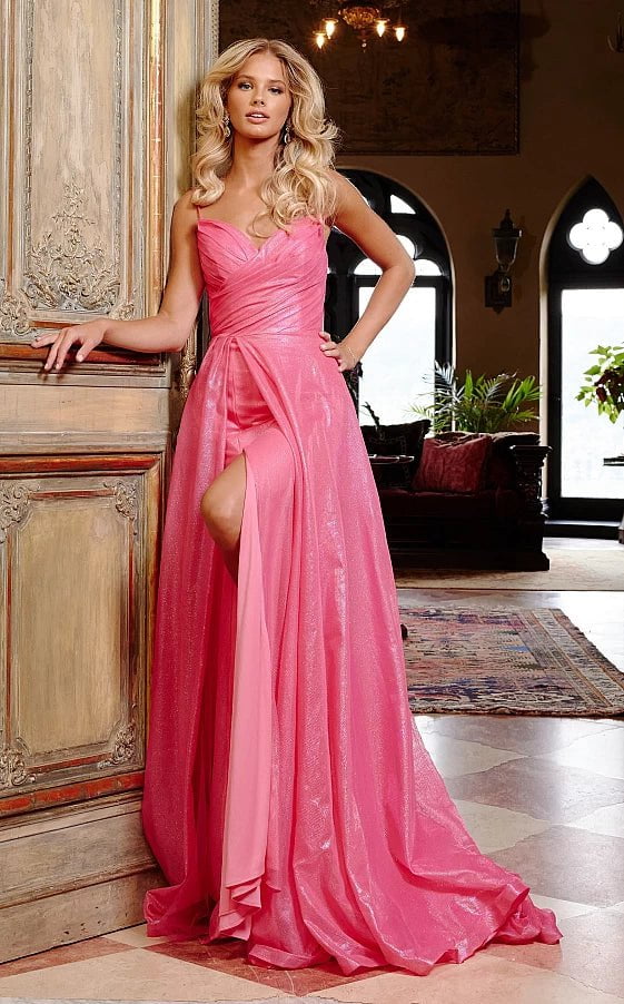 JVN24061 Hot Pink Ruched Bodice A Line Prom Gown | NorasBridalBoutiqueNY