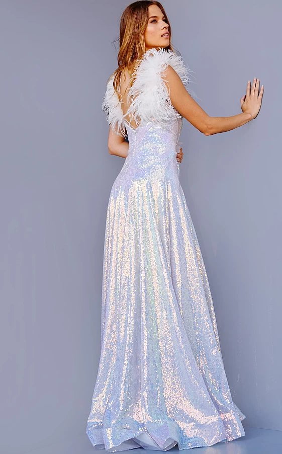 JVN by Jovani Prom Dress JVN24164 Iridescent White Feather Shoulders Prom Dress