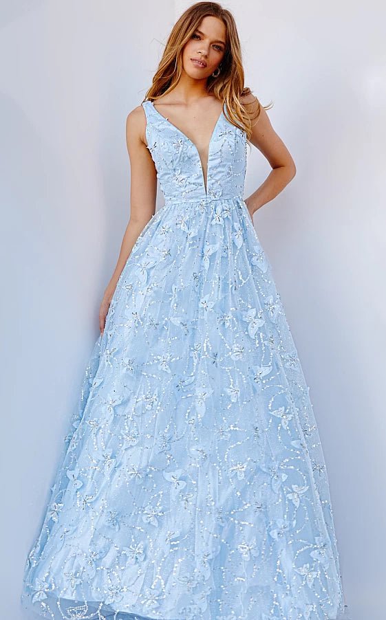 JVN by Jovani Prom Dress JVN24182 Light Blue Plunging Neck A Line Prom Gown