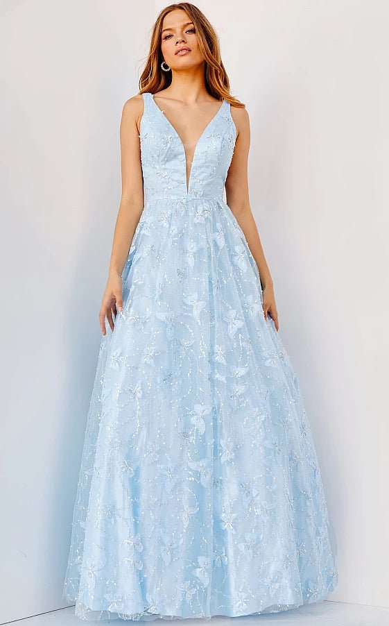 JVN by Jovani Prom Dress JVN24182 Light Blue Plunging Neck A Line Prom Gown