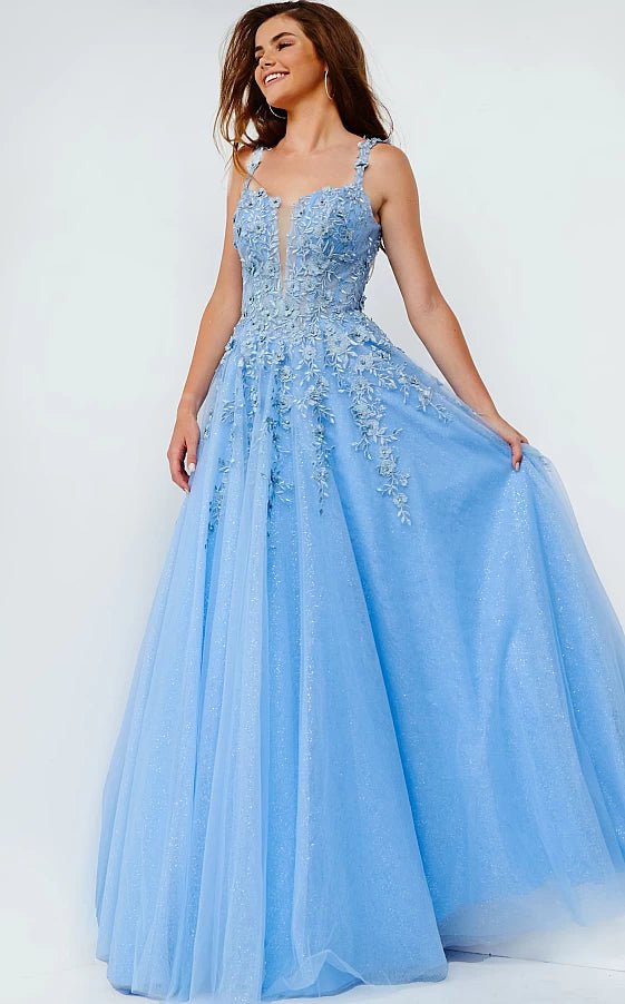 JVN by Jovani Prom Dress JVN4271 Sky Blue Illusion V Neck Prom Ballgown