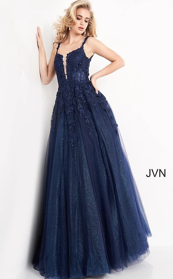 JVN by Jovani Prom Dress JVN4271 Sky Blue Illusion V Neck Prom Ballgown