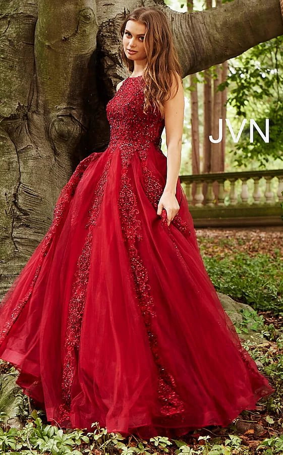 JVN by Jovani Prom Dress JVN59046 Burgundy Embellished Sleeveless Tulle Prom Ballgown