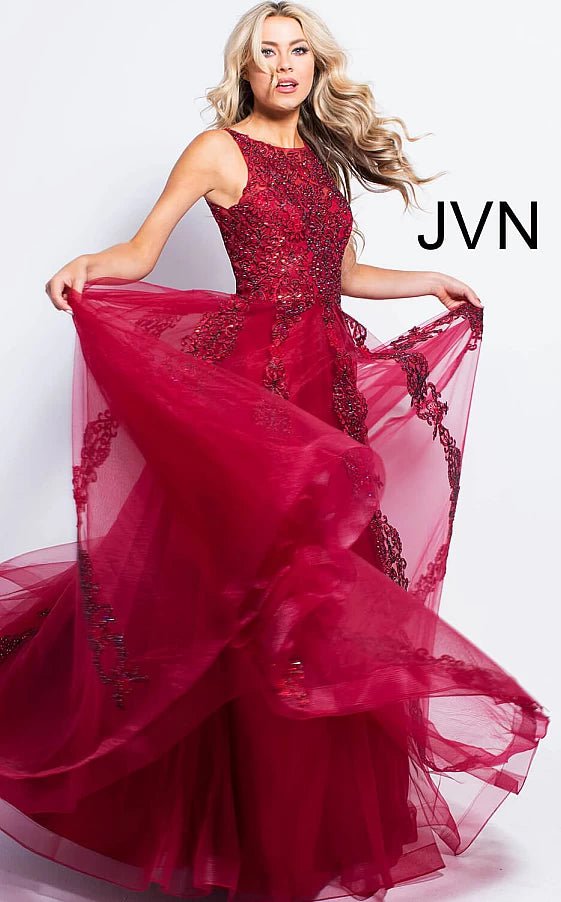 JVN by Jovani Prom Dress JVN59046 Burgundy Embellished Sleeveless Tulle Prom Ballgown