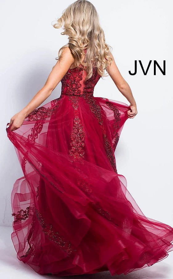 JVN by Jovani Prom Dress JVN59046 Burgundy Embellished Sleeveless Tulle Prom Ballgown