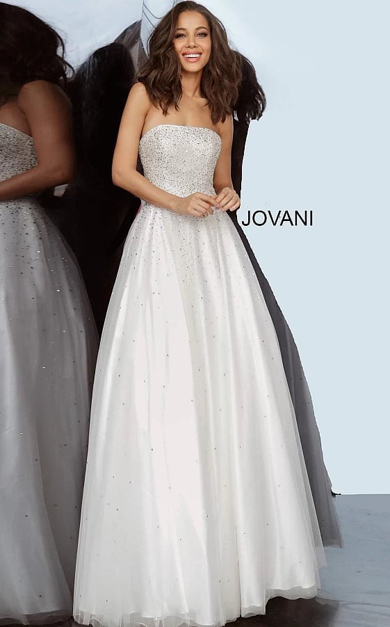 JVN65664 Off White Strapless Embellished Prom Ballgown