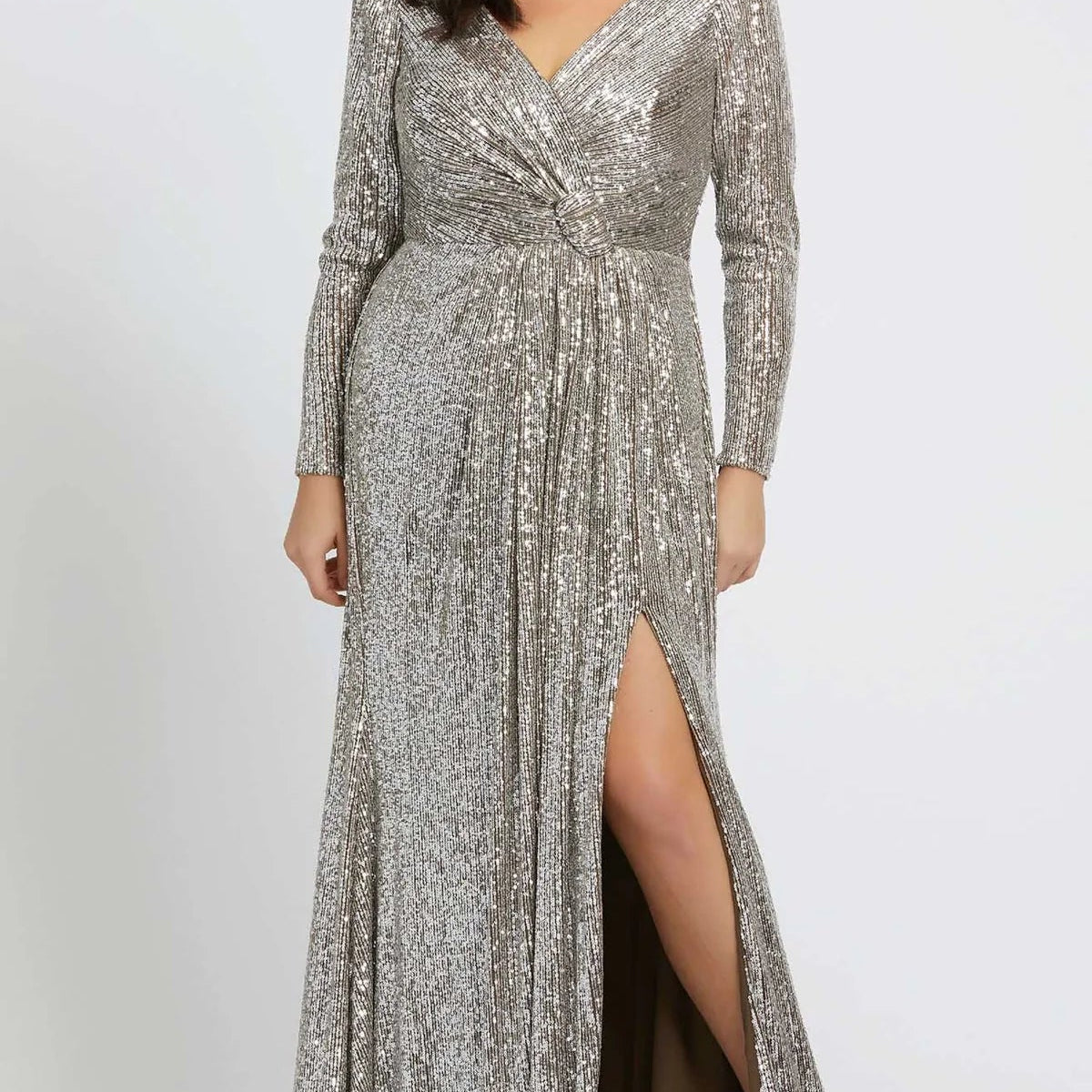 Mac Duggal Knotted Sequined Evening Gown Silver, Size 28W