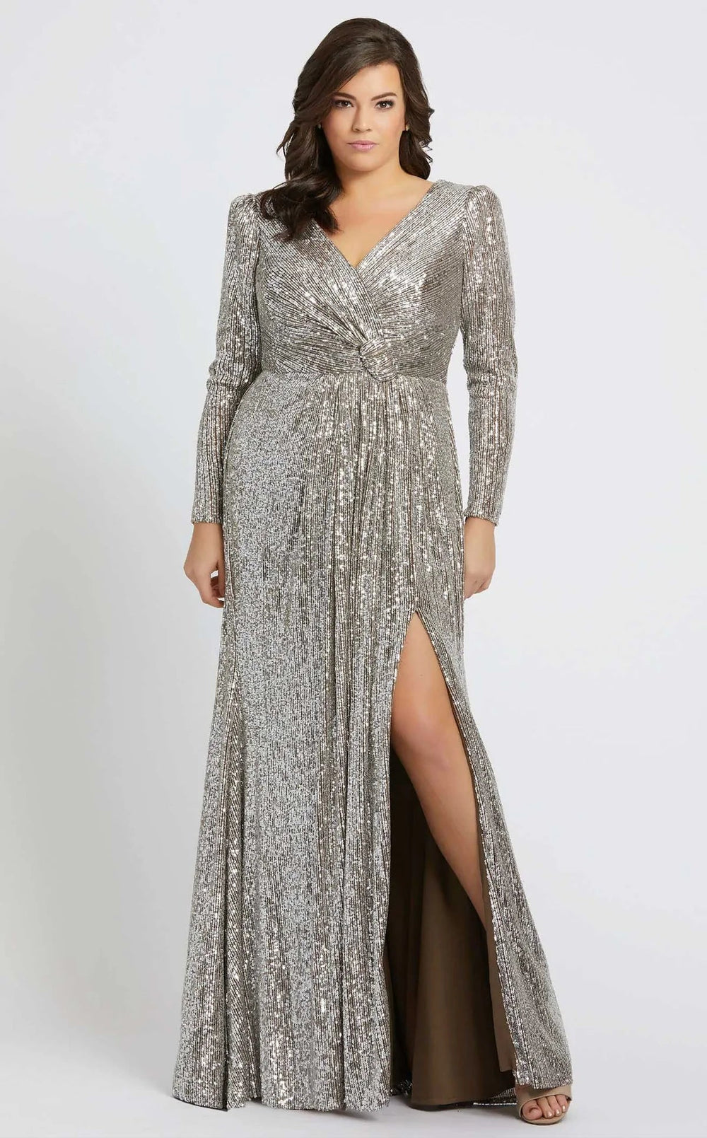 Mac Duggal Evening Dresses 28W / Silver Mac Duggal 77676F Slit Skirt Plus Size Formal Dress SALE