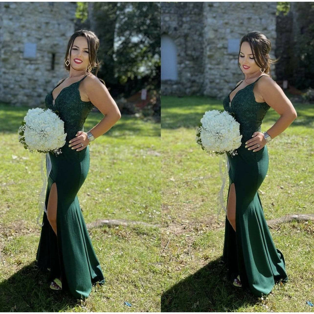 NorasBridalBoutiqueNY Emerald Evening Dress Lace Deep Scalloped V Neckline Gown