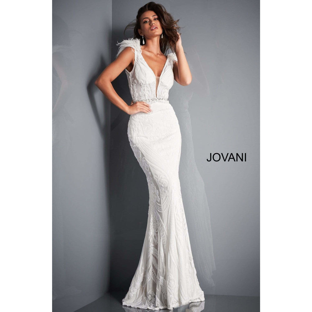 NorasBridalBoutiqueNY Evening Gowns Jovani 3180 White Plunging Neck Embellished Prom Dress