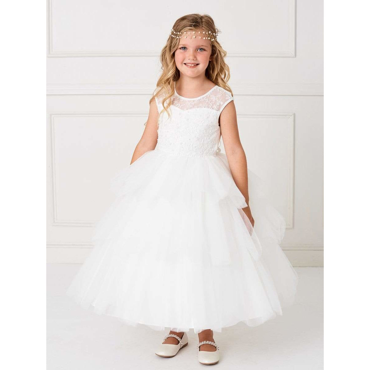 NorasBridalBoutiqueNY Girls Illusion Neckline Lace Bodice with a Layered Tulle Skirt