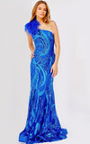NorasBridalBoutiqueNY Jovani 32596 Royal One Shoulder Feather Embellished Prom Dress