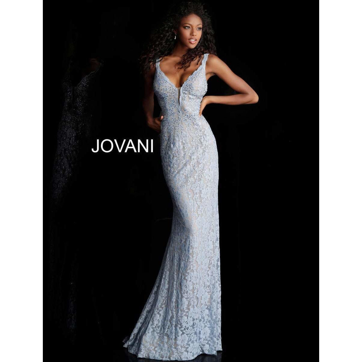 NorasBridalBoutiqueNY Jovani 48994 Light Blue Lace Sheath Prom Dress