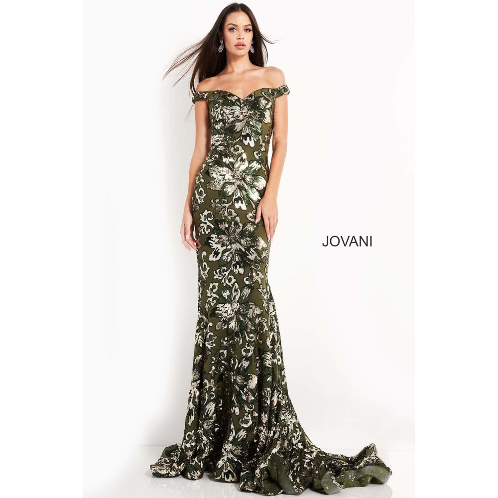 NorasBridalBoutiqueNY Jovani 63516 Sequined Off Shoulder Floral Mermaid Gown