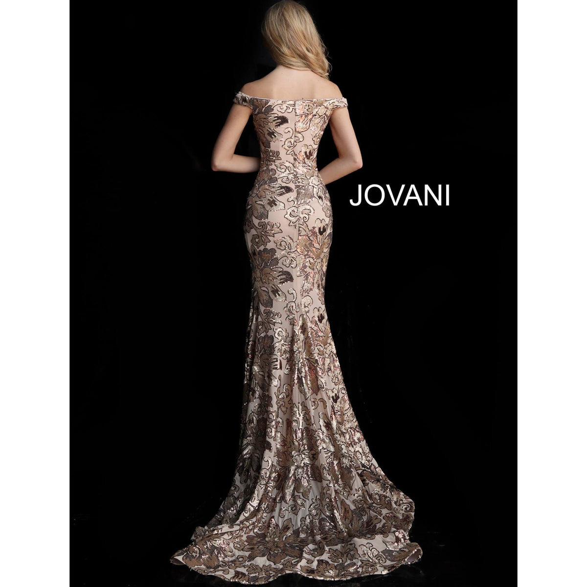 Jovani 63516 Sequined Off Shoulder Floral Mermaid Gown NorasBridalBoutiqueNY