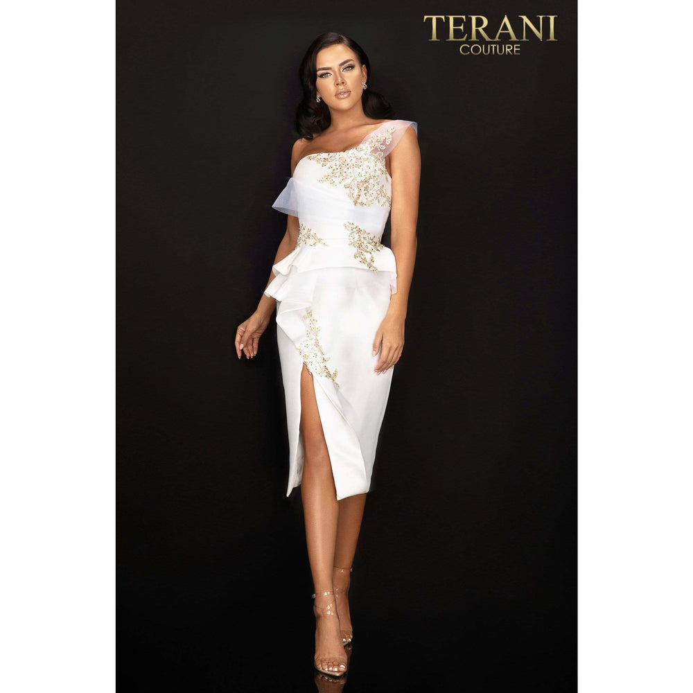 Terani Couture  2011C2020 One shoulder cocktail dress with peplum and center slit - NorasBridalBoutiqueNY