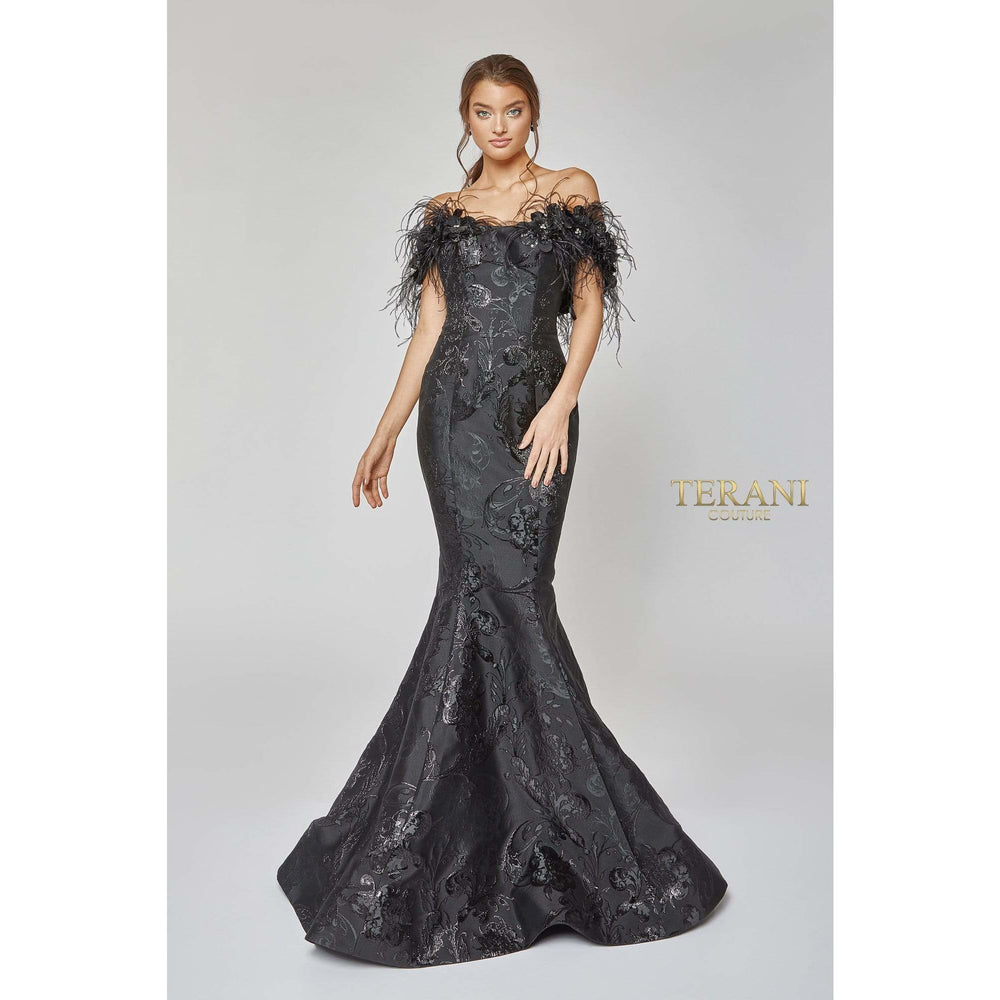 Terani Couture 1921E0136 Striking Flower and Feather Strapless Evening Gown - NorasBridalBoutiqueNY