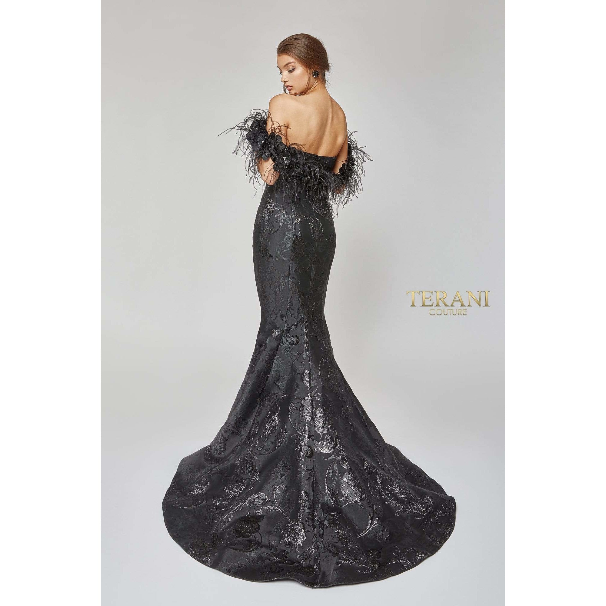 Terani Couture 1921E0136 Striking Flower and Feather Strapless Evening Gown - NorasBridalBoutiqueNY