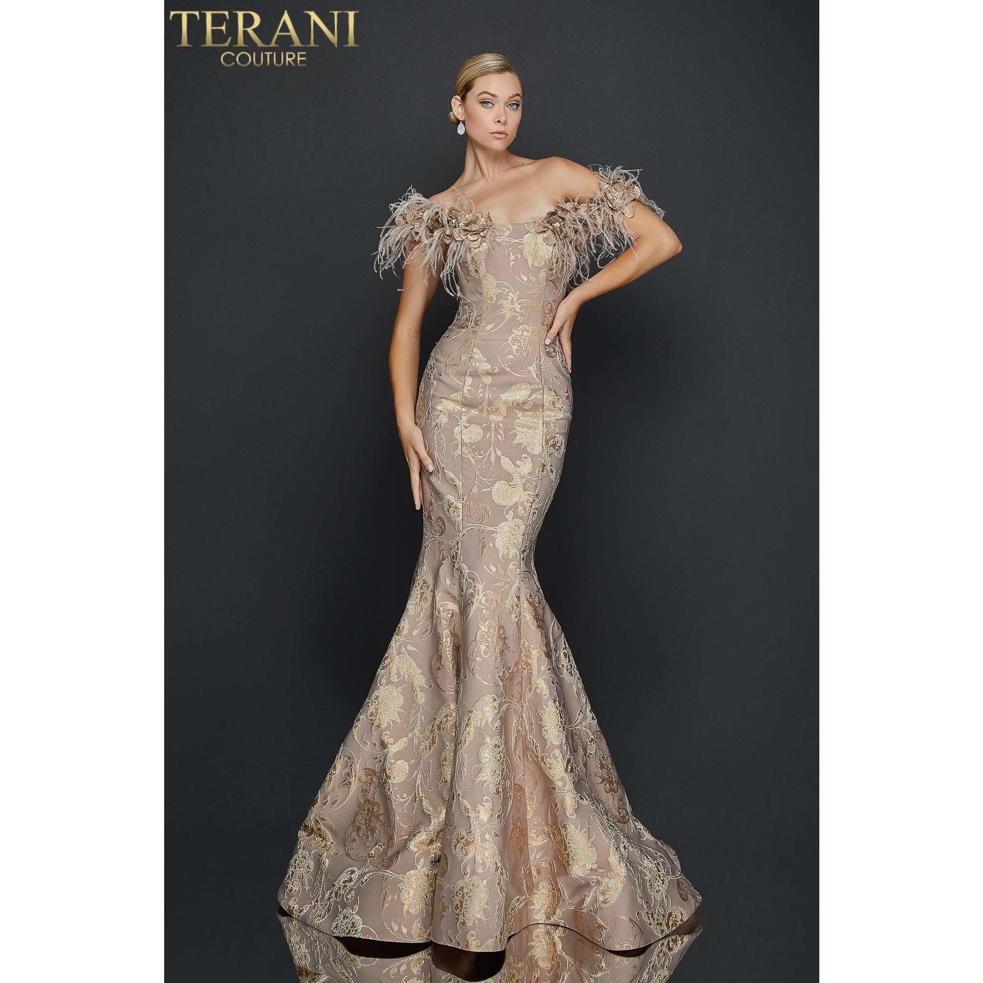 Terani Couture 1921E0136 Striking Flower and Feather Strapless Evening Gown - NorasBridalBoutiqueNY