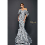 Terani Couture 1921E0136 Striking Flower and Feather Strapless Evening Gown - NorasBridalBoutiqueNY