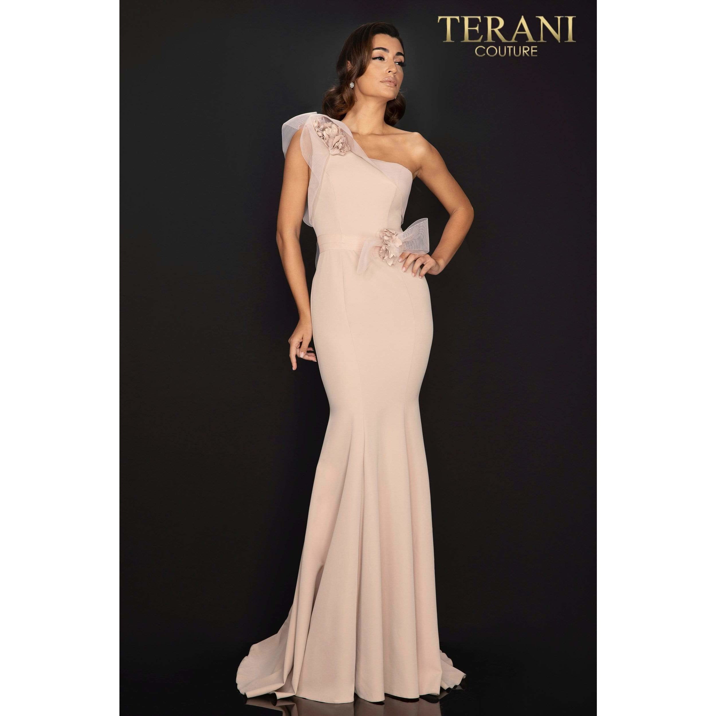 Terani Couture 2011E2092 One shoulder Satin evening gown with 3D flowers – 2011E2092 - NorasBridalBoutiqueNY