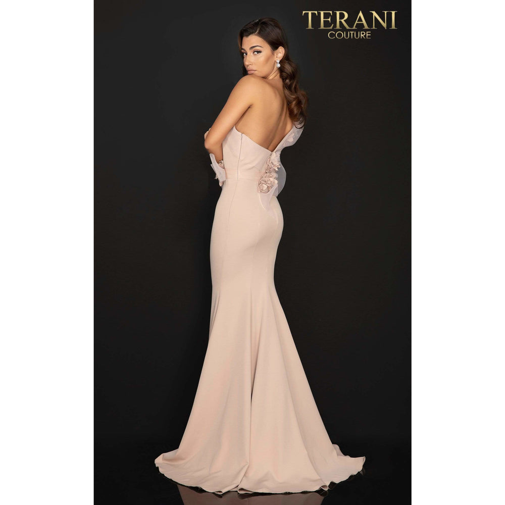 Terani Couture 2011E2092 One shoulder Satin evening gown with 3D flowers – 2011E2092 - NorasBridalBoutiqueNY
