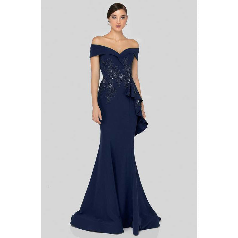 Terani Couture Evening Gown Terani Couture  1911M9339 Off Shoulder Side Drape Peplum Mermaid Gown