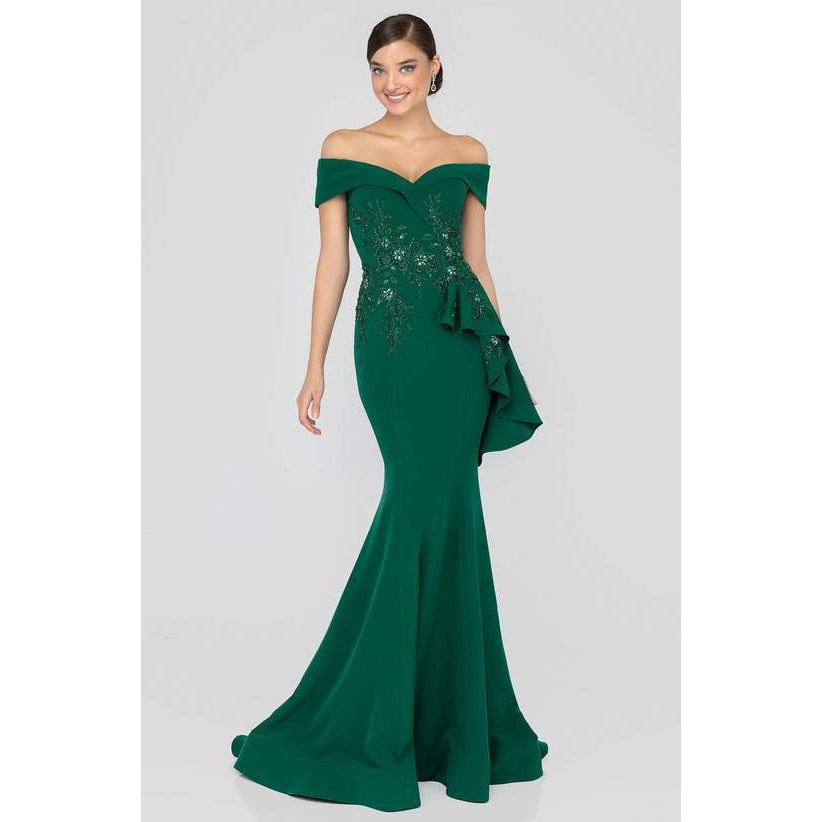 Terani Couture Evening Gown Terani Couture  1911M9339 Off Shoulder Side Drape Peplum Mermaid Gown