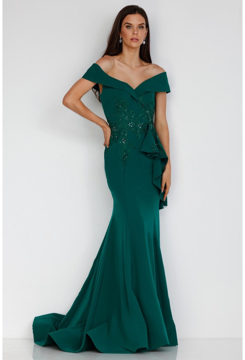 Terani Couture Evening Gown Terani Couture  1911M9339 Off Shoulder Side Drape Peplum Mermaid Gown