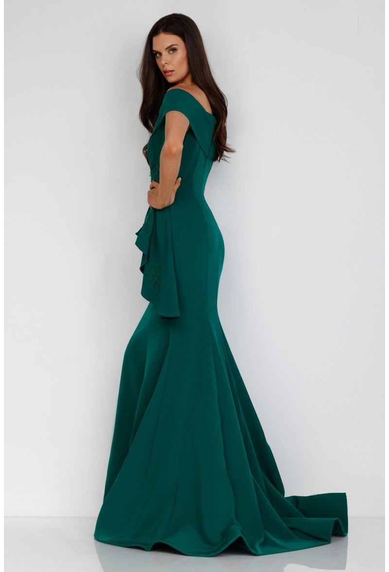 Terani Couture Evening Gown Terani Couture  1911M9339 Off Shoulder Side Drape Peplum Mermaid Gown