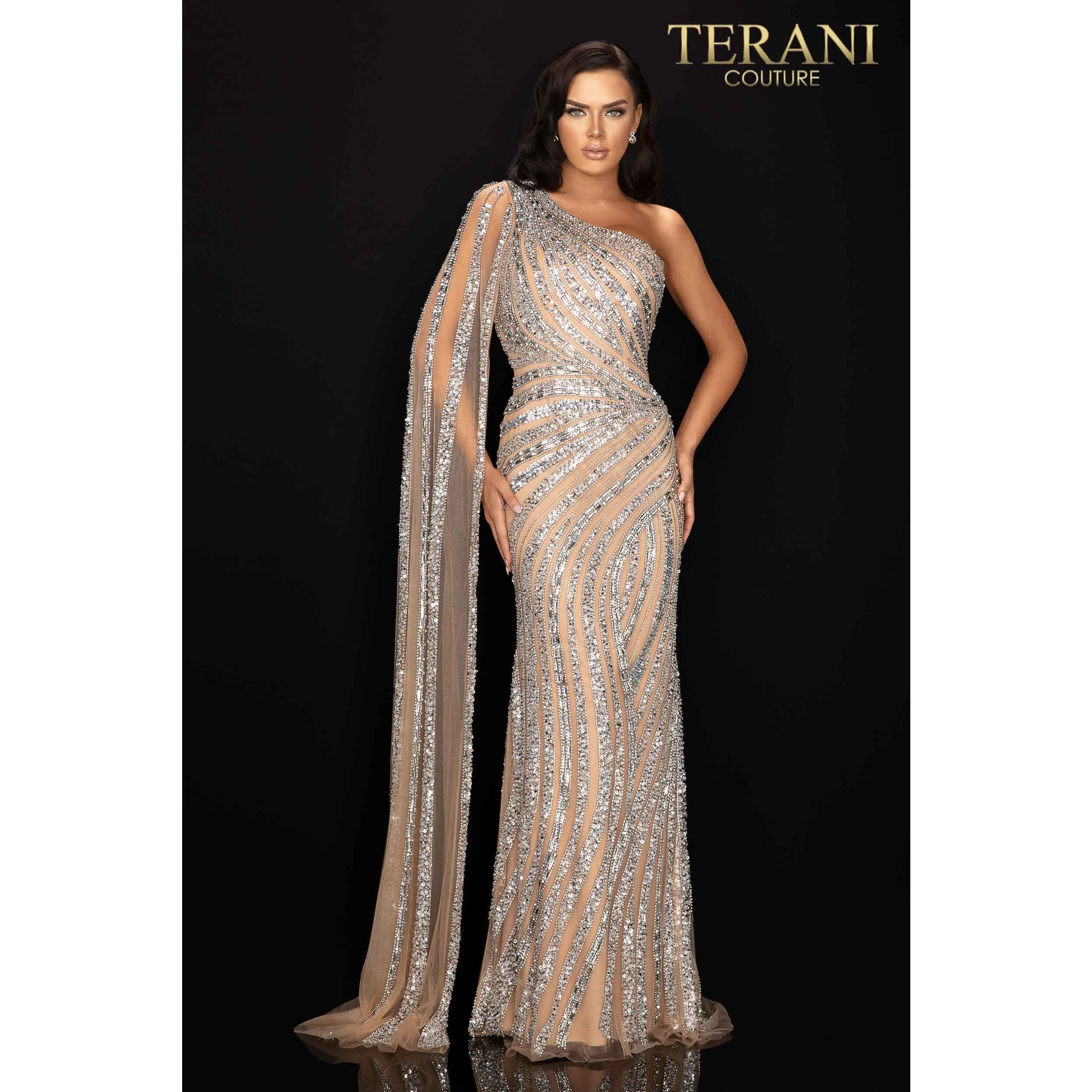 Terani Couture 2012GL2390 Asymmetrical beaded one shouldered cape pageant gown 2012GL2390 - NorasBridalBoutiqueNY