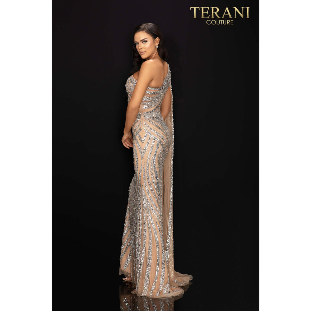 Terani Couture 2012GL2390 Asymmetrical beaded one shouldered cape pageant gown 2012GL2390 - NorasBridalBoutiqueNY