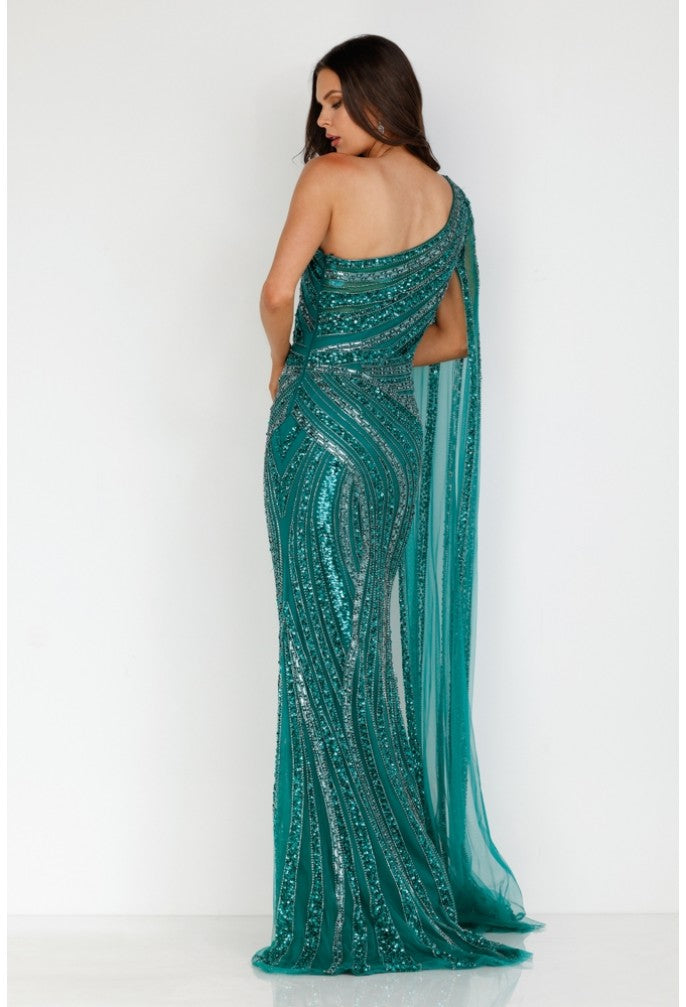 Terani Couture pageant gown Terani Couture 2012GL2390 Asymmetrical beaded one shouldered cape pageant gown 2012GL2390