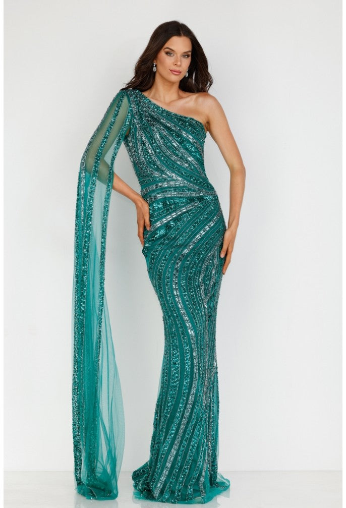 Terani Couture pageant gown Terani Couture 2012GL2390 Asymmetrical beaded one shouldered cape pageant gown 2012GL2390