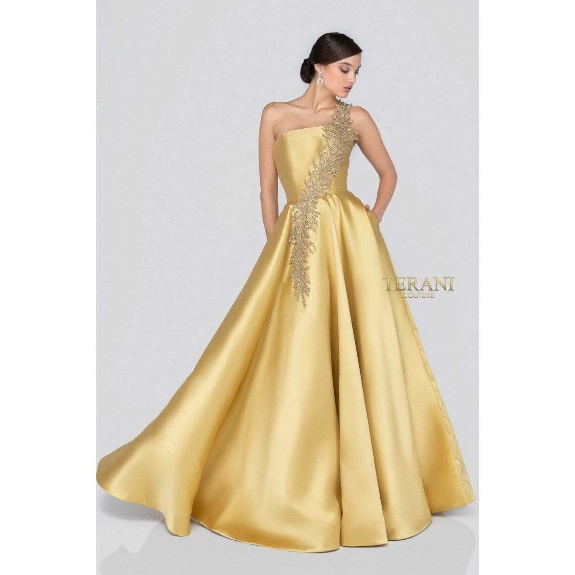 Terani Couture prom gown Terani Couture 1912E9202 One Shoulder Dazzling Fern Accent Gown