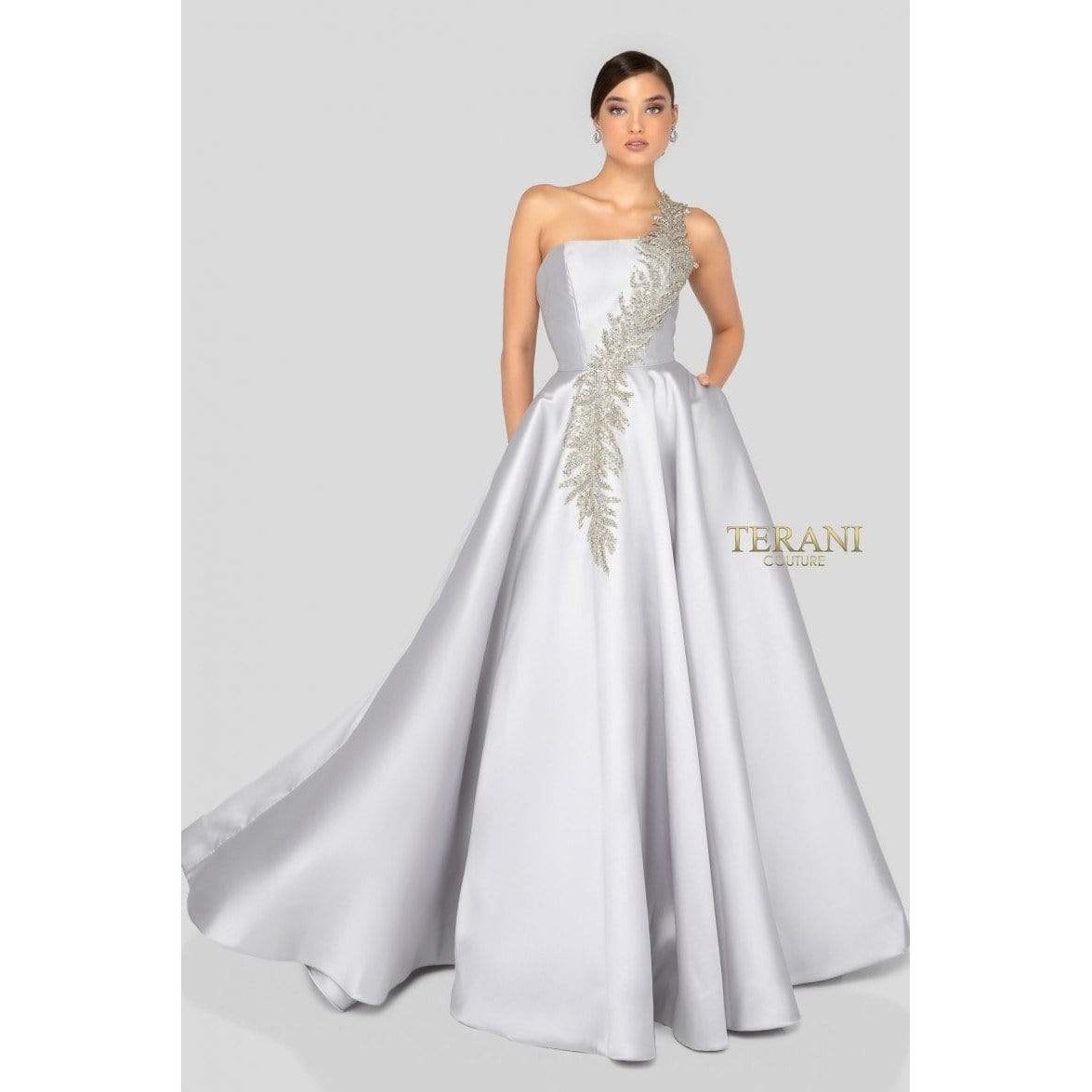 Terani Couture prom gown Terani Couture 1912E9202 One Shoulder Dazzling Fern Accent Gown